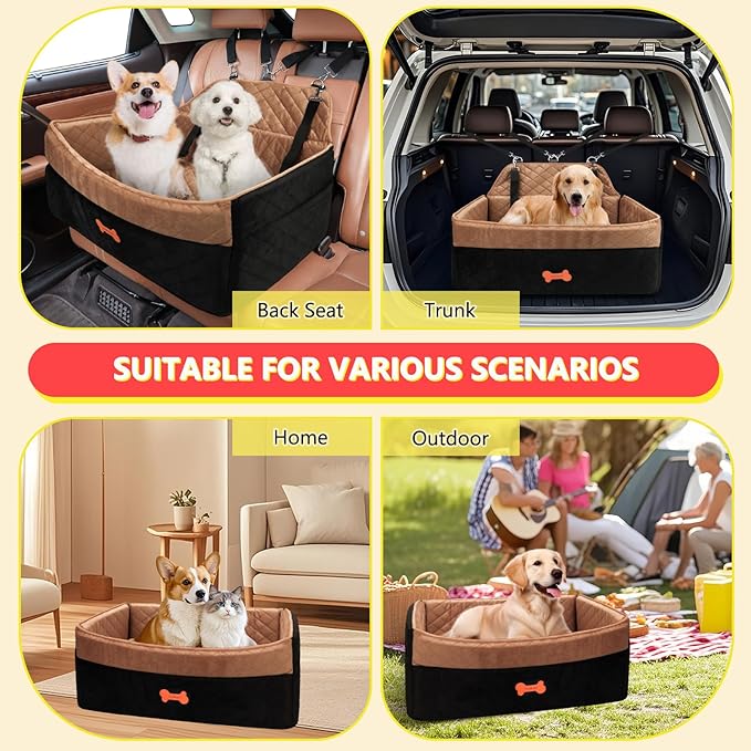 Dog Car Seat for Medium Large Dogs, Detachable Washable Pet Booster Seat with Memory Foam Cushion, Side Pockets, 2 Clip-On Safety Leashes Pet Car Seat for Dog Up to 60 lbs/2 Small Dogs-Brown