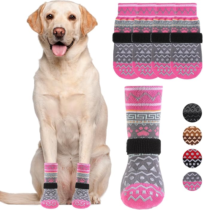 KOOLTAIL Dog Socks to Prevent Licking Paws for Hardwood Floors Anti Slip, Winter Warm Pet Boots&Paw Protector with Grippers, Double Sides Dog Shoes Booties for Small Medium Large Senior Dogs Pink XS