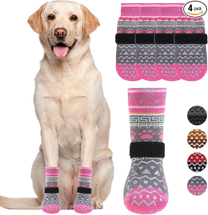 KOOLTAIL Dog Socks to Prevent Licking Paws for Hardwood Floors Anti Slip, Winter Warm Pet Boots&Paw Protector with Grippers, Double Sides Dog Shoes Booties for Small Medium Large Senior Dogs Pink XL