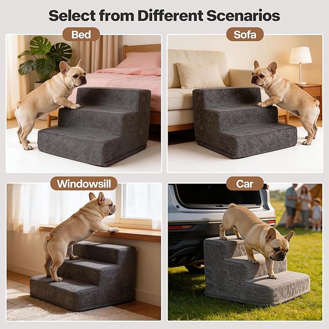 Pawise 3 Step Dog Stairs for Small Dogs Cats, Blue Suede Pet Steps, Non-Slip Pet Stairs for Couch Sofa Bed, Indoor Portable Dog Ramp with Zipper Bottom for Medium Large Dogs and Puppy