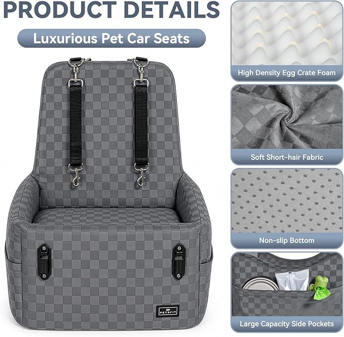 PETSFIT Dog Car Seat for Small/Medium Dogs Up to 35 lbs – Patented Safety System, 5" Memory Foam Pet Booster Car Seat, Fully Detachable and Washable Dog Carseat with 2 Storage Pockets (Grey)