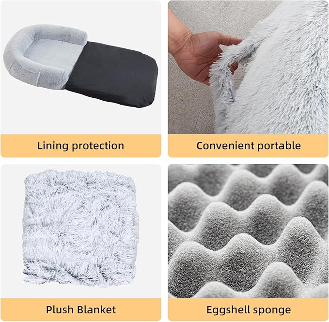 Foldable Human Dog Bed - 71 "x41 x12“ Human Sized Dog Bed with Orthopedic Foam, Fluffy Faux Fur Pet Couch with Waterproof Liner, Non-Slip Bottom, Washable Cover, Cozy Floor Lounger - Dark Gray