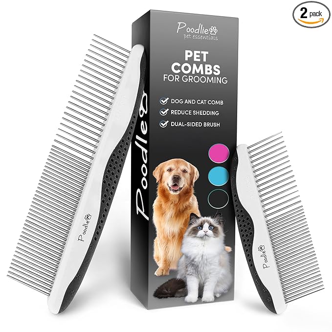 Poodle Pet Dog Combs for Grooming | 2 Pack | Stainless Steel Teeth Easily Remove Dirt | Proper Care Prevents Knots and Mats for Long and Short Haired Pets | Anti-Slip Comfort Grip Handle (Black)