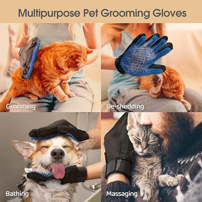 Upgraded Pet Grooming Gloves for Shedding - 1 Pair Dog Hair Remover Gloves for Bathing & Deshedding Cats, Dogs & Horses, Gentle Massage for Short & Long Hair (Blue)