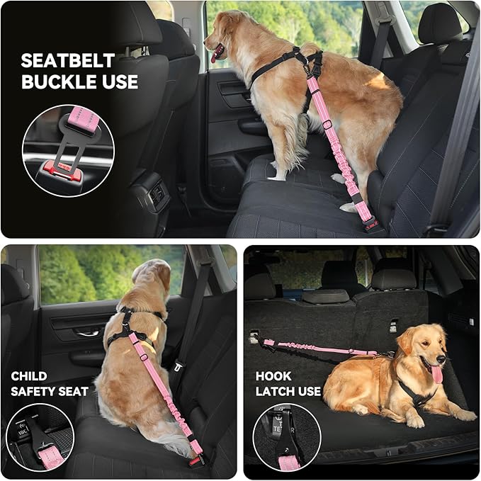 Pawaboo Dog Seat Belt Harness for Car, Dog Car Harness Seatbelt with Double Clips, Adjustable Breathable Pet Vest & Dogs Safety Tether with Elastic Bungee for Small Medium Large Pet, XL, Pink + Black