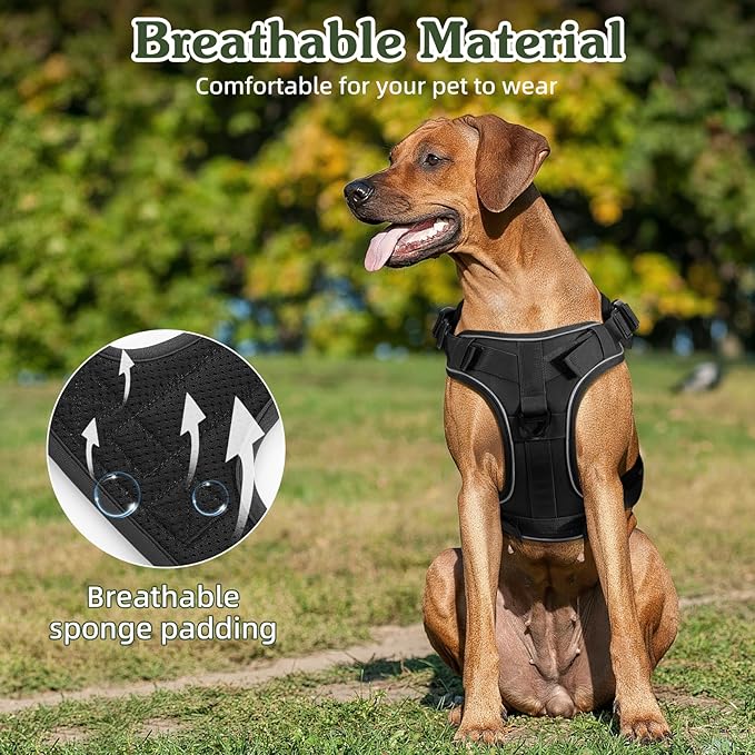 VavoPaw Heavy Duty Tactical Dog Harness for Large Dogs, No Pull Adjustable Pet Harness Reflective Service Training Easy Control Pet Vest Military K9 Working Dog Harnesses, Black, L