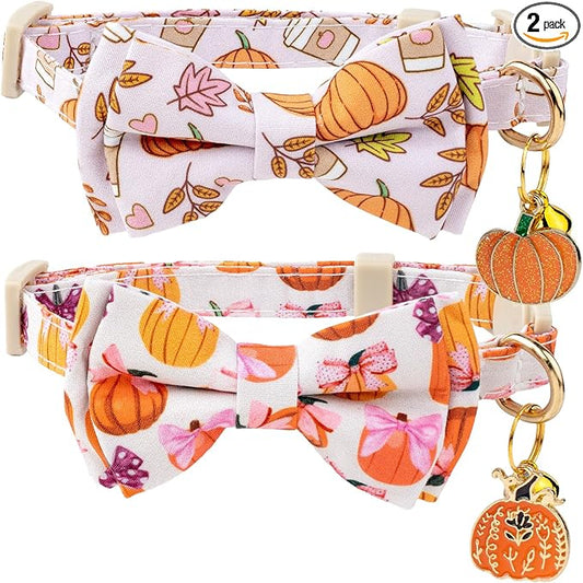 Faygarsle 2 Pack Fall Pumpkin Cat Collar with Bow Tie and Bell, Breakaway Safety Buckle, Pink and White