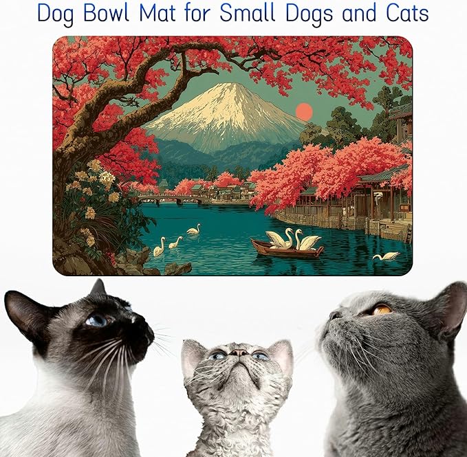 Dog Food Mat, 19.6" x 23.6" Absorbent Pet Feeding Mat for Food and Water, Waterproof Diatom Mud Pet Placemat with Non-Slip Rubber Backing, Cat Bowl Mat for Floors - Flowering Cherry Blossoms