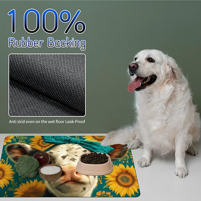 Dog Food Mat, 19.6" x 23.6" Absorbent Pet Feeding Mat for Food and Water, Waterproof Diatom Mud Pet Placemat with Non-Slip Rubber Backing, Easy Clean Cat Bowl Mat for Floors - Cow Sunflower