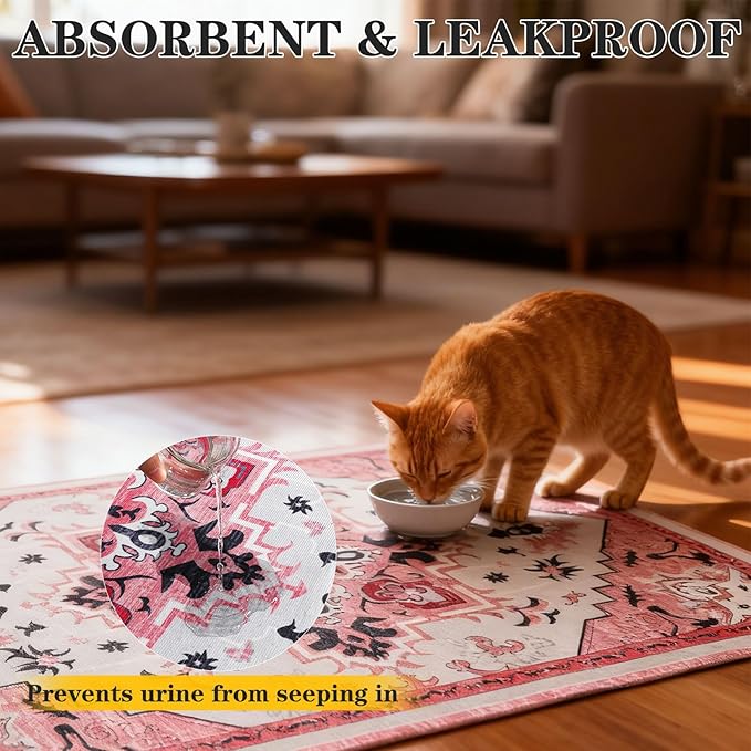 EXPAWLORER Cat Litter Mat, 28”x36” Medium Non-Slip Urine Waterproof Litter Trapping Mat Easy to Clean Washable Litter Box Mat for Floor Soft on Kitty Paws, Indoor Food Mats Rug Pads for Bathroom Pink