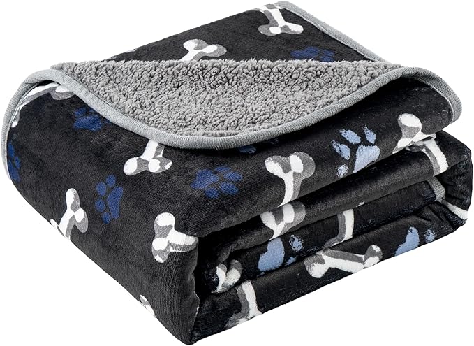 Waterproof Dog Blankets Pet Blanket, 30"x40" Cat Blanket for Indoor Cats, Soft Fluffy Sofa Car Bed Protector, Reversible Sherpa Fleece Puppy Blanket for Small Medium Dogs(Navy Paws)