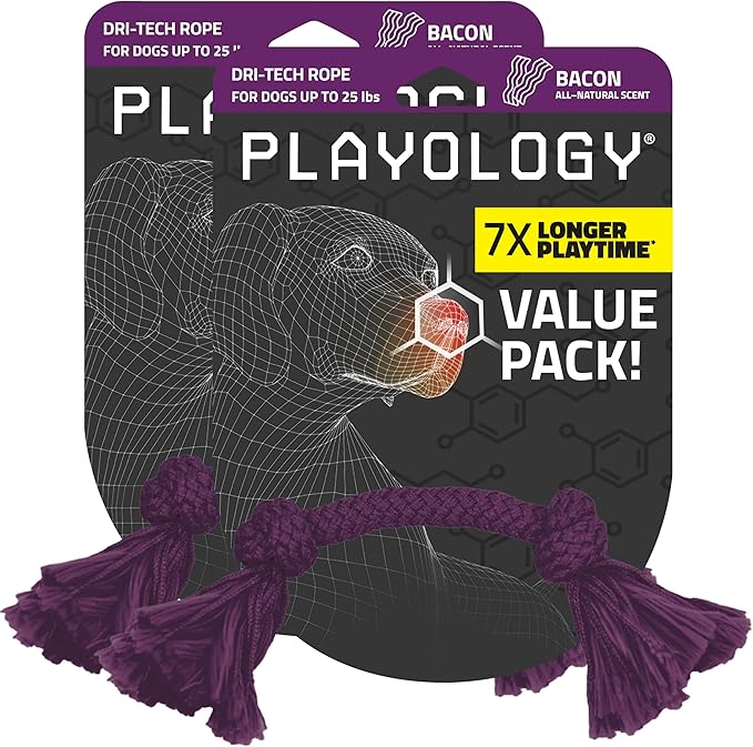 Playology Dog Toys | Dri-Tech Rope Tug of War Dog Toy for Tough Chewers (Value 2-Pack) | Bacon Scented Small Tug Rope Toys for Dogs