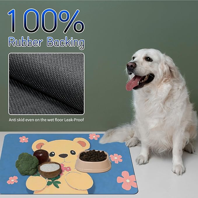 Dog Food Mat, 15.7" x 23.6" Absorbent Pet Feeding Mat for Food and Water, Waterproof Diatom Mud Pet Placemat with Non-Slip Rubber Backing, Easy Clean Cat Bowl Mat for Floors - Pink Flower Bear