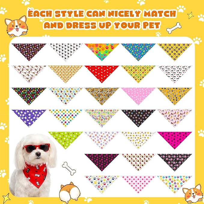 Sanwuta 120 Pcs Paw Bandanas for Dogs Bulk Dog Bone and Paw Pattern Triangle Bandanas for Groomers Washable Pet Scarves Adjustable Bibs for Small and Medium Pets, 30 Styles