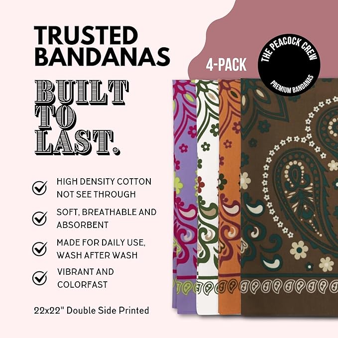 The Peacock Crew Premium Soft Cotton Bandanas Pack for Men and Women Paisley 22 x 22 inches