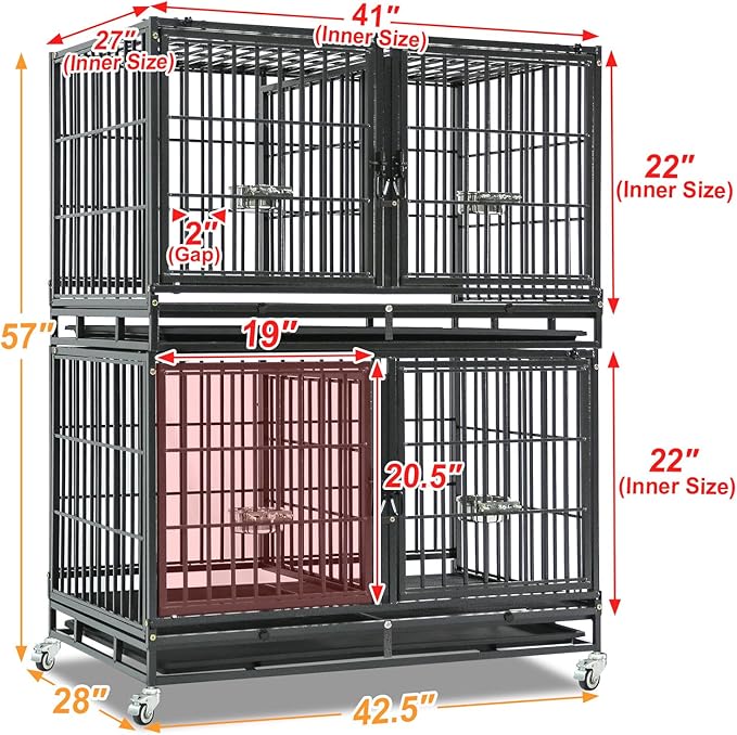 Homey Pet 43 inch Dog Crate Stackable Heavy Duty Dog Kennel Indoor Dog Grooming Cage with Detachable Divider, Removable Tray, Wheels, Feeding Bowls (2 Tiers)