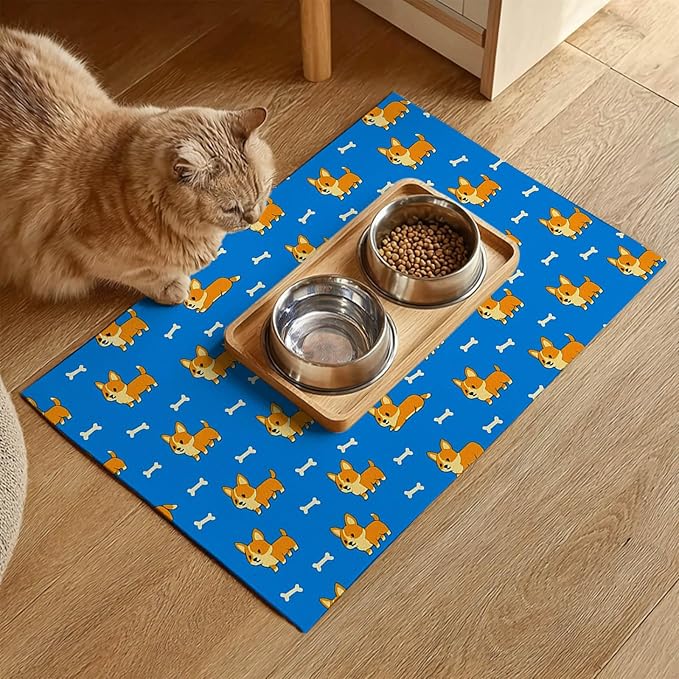 HOMETITUTE 24x16 inch Cute Corgi Design Non Slip Pet Food Mat Dog Bowl Placemat for Food and Water Small Pet Bowl Mats Cat Food Mats Easy to Clean Feeding Mat for Small Pets