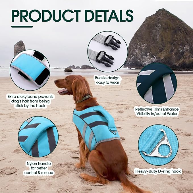 Kuoser Dog Life Jacket with Reflective Stripes, Dog Life Vest for Swimming Boating, Adjustable Pet Lifejackets with High Flotation, Doggie Swimsuit for Small Medium Large Dogs