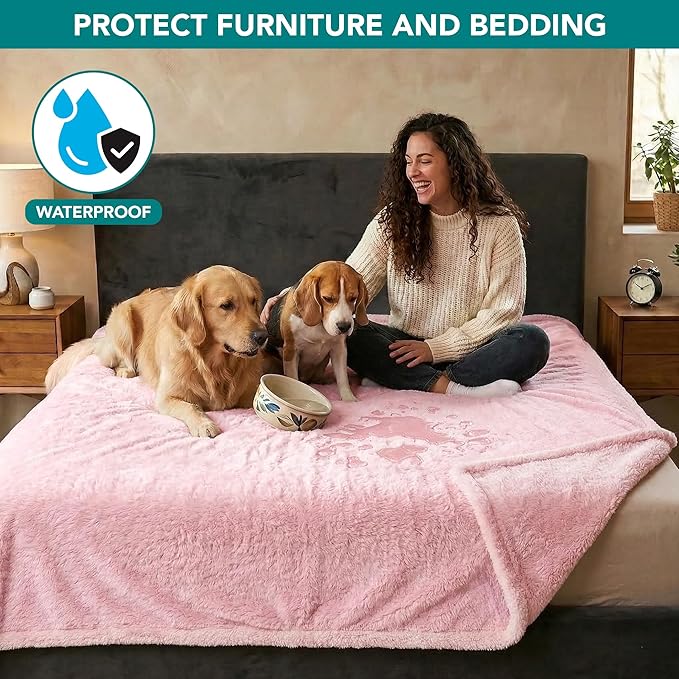 PetAmi Fluffy Waterproof Dog Blanket for Couch and Bed, Reversible Sherpa Pet Throw, Pee Proof Furniture Protector Sofa Cover, Washable Cat Blanket for Medium Large Dogs and Cats (Pink Blush, 60x80)