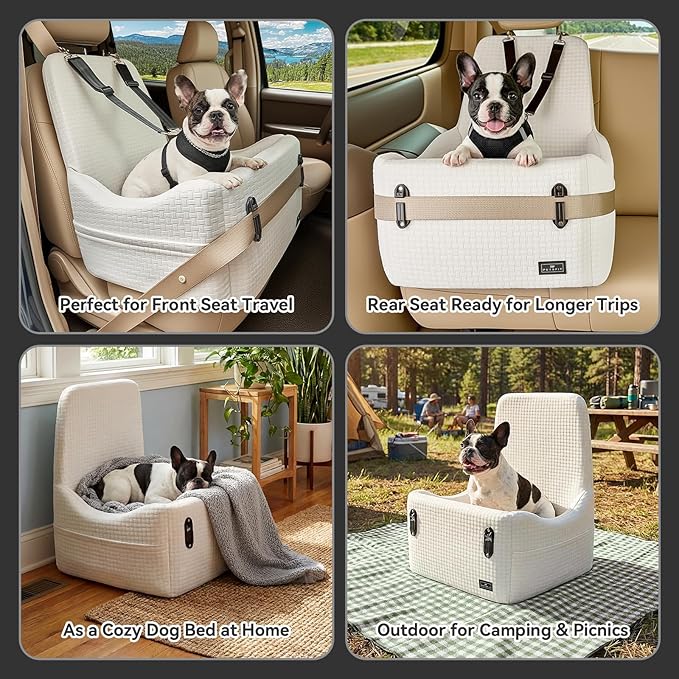 PETSFIT Dog Booster Car Seat for Small/Medium Dogs Up to 35 lbs – Patented Safety System, 5" Memory Foam Pet Car Seat, Fully Detachable and Washable Cover, Front/Back Seat Travel Booster (Beige)