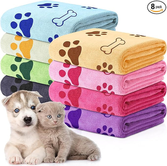 Chumia 8 Pcs Dog Towels for Drying Dogs Cats Pet Towels Bulk Puppy Microfiber Fast Drying Paw Bath Bathing Supplies Absorbent for Medium Pets(18 x 28 Inch,Dog Paw and Bone,Sweet Color)