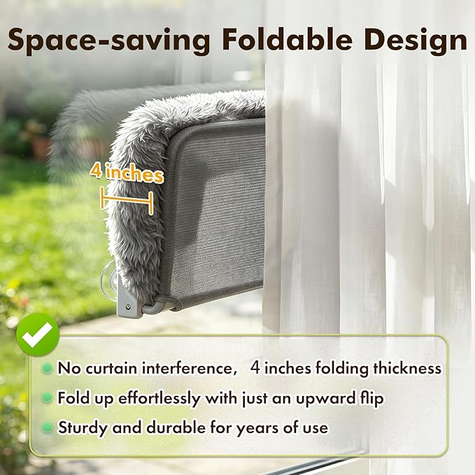 Zoratoo Cloud-Snuggle Cat Window Perch with 4-Sided Ultra-Thick & Fluffy Plush Cushion Bed, Foldable Cordless Cat Window Hammock for Window with Sturdy Metal Frame for Large Cats and Kittens (M, Gray)