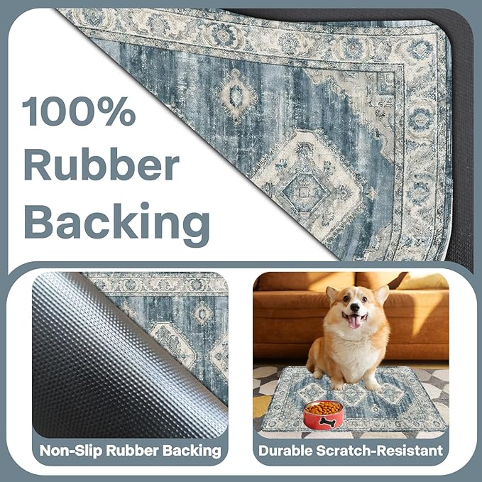 Pet Dog Cat Food Mat, Non Slip Bowl Mats for Food and Water, Absorbent Boho Dogs Cat Feeding Mat Puppy Pet Placemats for Floors Indoor Pets Accessories Supplies 17 * 30 inch, Retro Blue