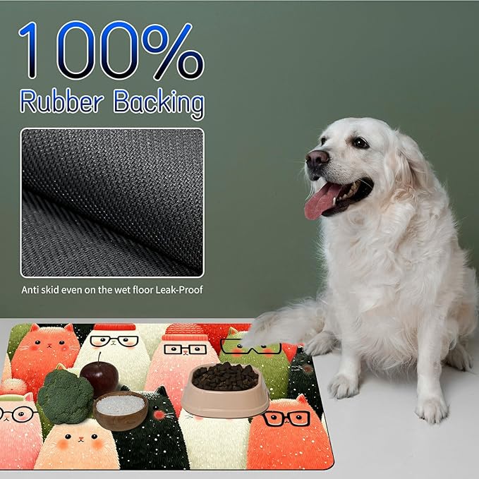 Dog Food Mat, 15.7" x 23.6" Absorbent Pet Feeding Mat for Food and Water, Waterproof Diatom Mud Pet Placemat with Non-Slip Rubber Backing, Easy Clean Cat Bowl Mat for Floors - Glasses Kitten