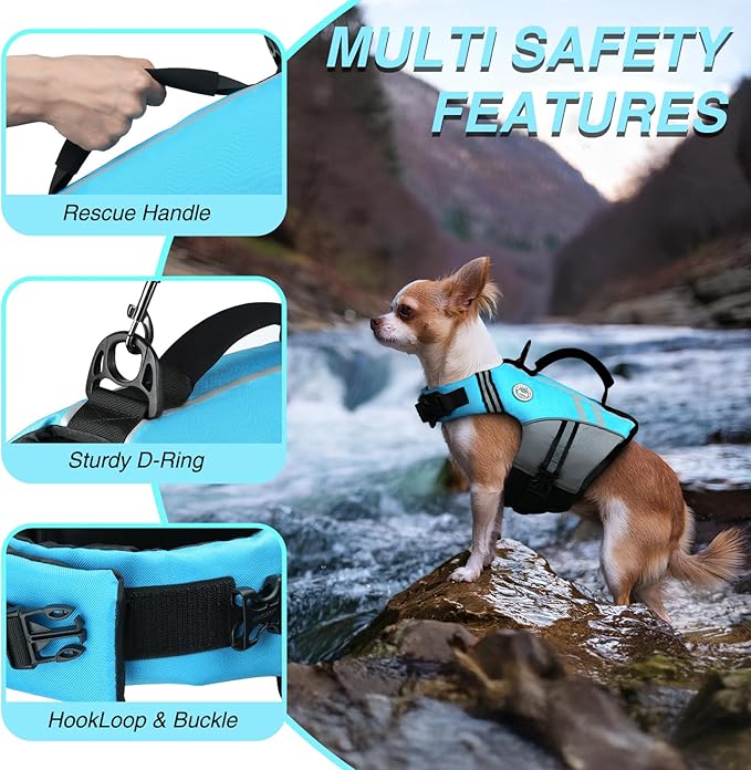 VIVAGLORY Sports Style Dog Life Vest, Dog Life Jacket for Swimming & Boating, Ripstop & Buoyancy for Puppy Doggy, Lifejacket with Handle, XS, Blue