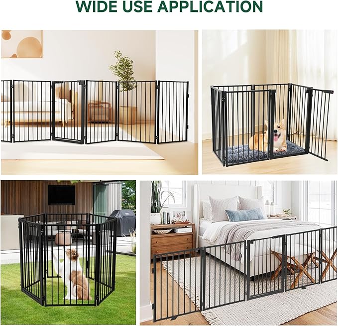 Snagle Paw Metal Freestanding Dog Gate with Door,120” W x 36” H Dog Fence with Support Feet for Doorways, Stairs and Hallways, Portable Pet Gate for Indoor Use (6 Panel, Black)