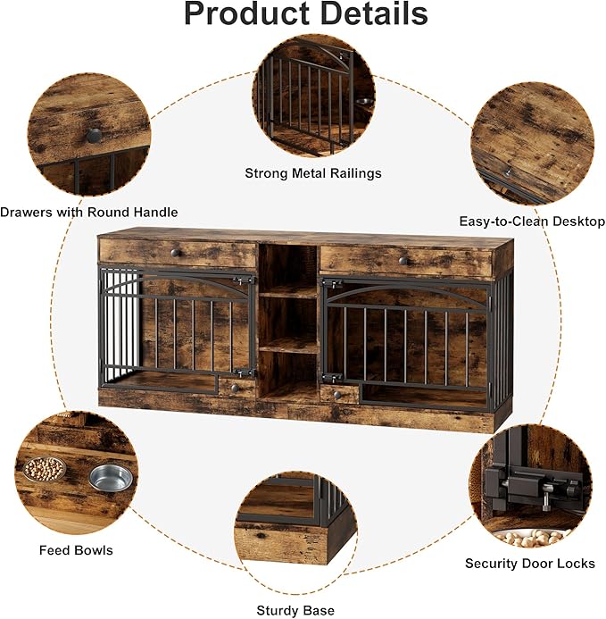 GarveeHome Dog Crate Furniture for 2 Dogs, Dog Kennel Indoor with Storage and Feeding Bowls, Double Dog Crate TV Stand for Small Medium Dogs, Brown