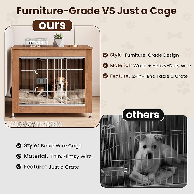 Wooden Dog Crate Furniture, 27in Dog Cage Furniture with Slide Safety Latch, Indoor Decorative End Table for High Anxiety Dogs, Furniture Style Dog Crate for Small to Medium Dogs, Oak