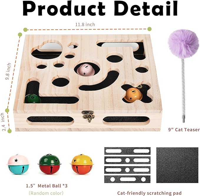 Large Solid Wood Cat Nail File Enrichment Box, Cat Scratch Puzzle Enrichment Box with Flip Lid Lock, Sandpaper Scratcher, 3 Bells & Cat Wand, Alternative to Clippers and Grinders