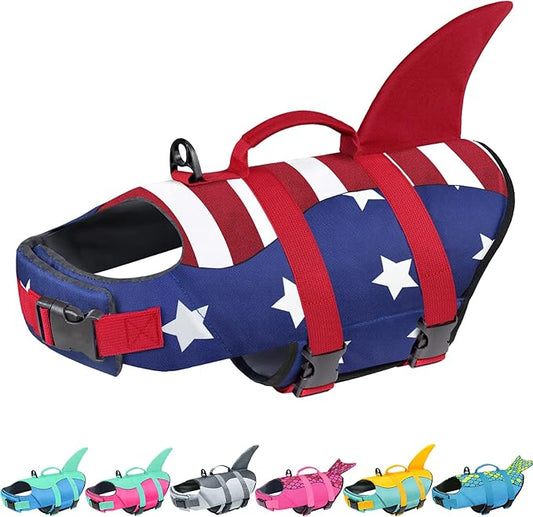 Malier Dog Life Jacket, Ripstop American Flag Vest for Swimming Boating, Puppy Shark Jacket with High Buoyancy Swimsuit Small Medium and Large Dogs (Large, Red & Dark Blue)