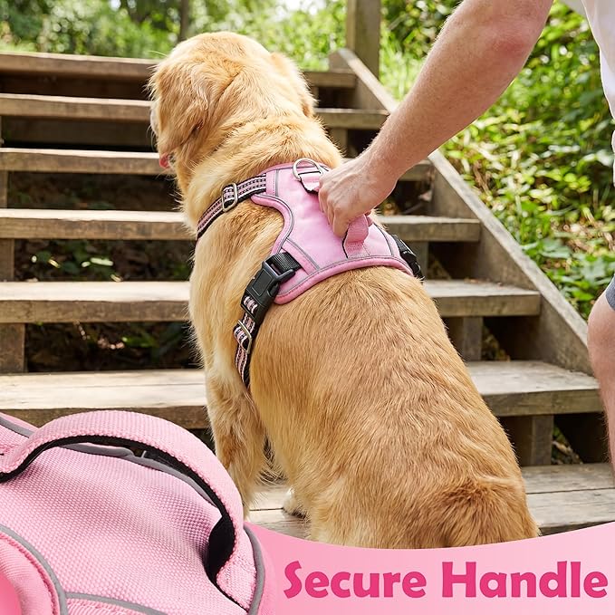 Funfox Dog Harness No Pull, Adjustable Pet Vest Harness, Super Soft Material with Vertical Handle Easy Control, Reflective Night Walking, 2 Leash Clips for Medium Sized Dogs, Pink, M