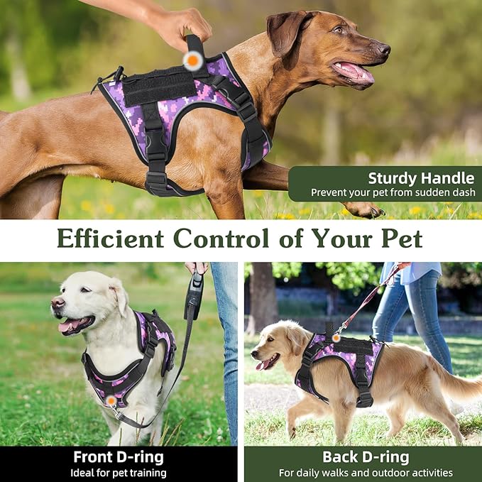 VavoPaw Heavy Duty Tactical Dog Harness for Large Dogs, No Pull Adjustable Pet Harness Reflective Service Training Easy Control Pet Vest Military K9 Working Dog Harnesses, Purple Camouflage, M