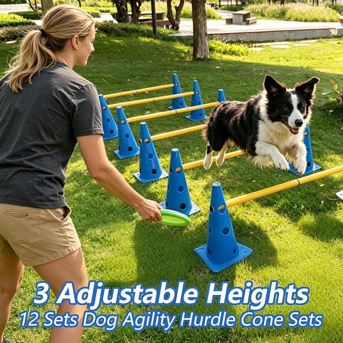 Dog Agility Hurdle Cone Set, Adjustable Height Dog Agility Course for Backyard Training, 12 Cones with PVC Crossbar, 3 Height Levels (12 Pack)