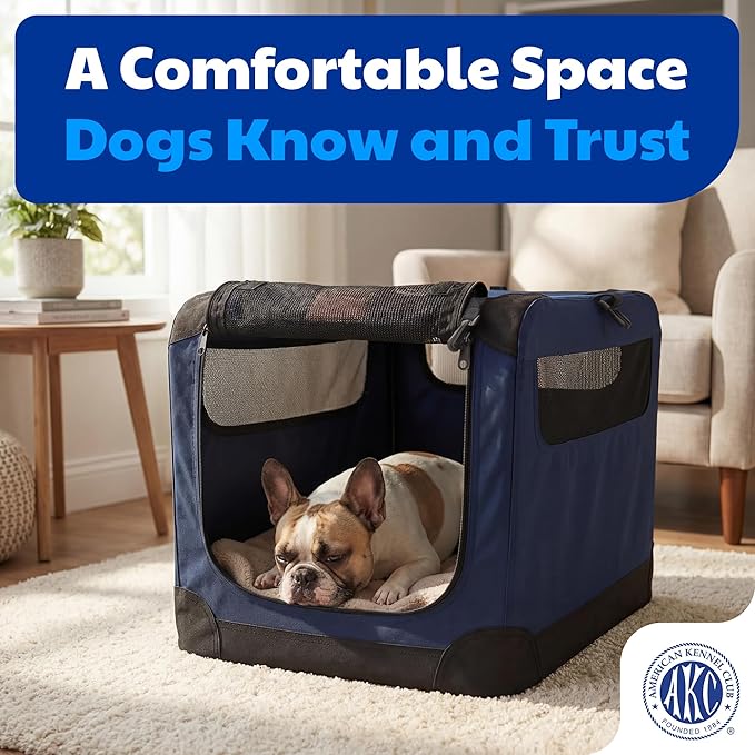 American Kennel Club Soft-Sided Dog Travel Crate, Lightweight Folding Portable Kennel with Mesh Panels for Ventilation, Comfortable Indoor & Travel Use, Ideal for Crate-Trained Dogs, Small