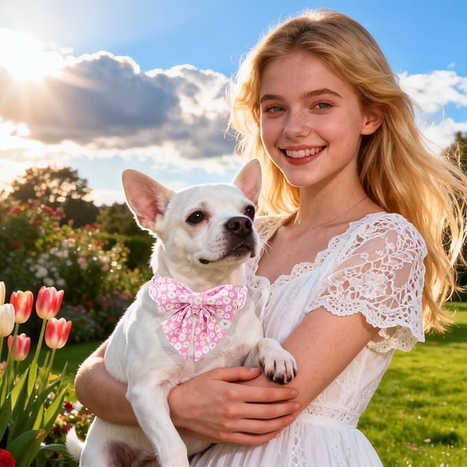 DOGWONG Spring Dog Collar with Sailor Bow, Soft Comfortable Adjustable Cute Pink Daisy Collar Flower Dog Collars for Small Dogs, M