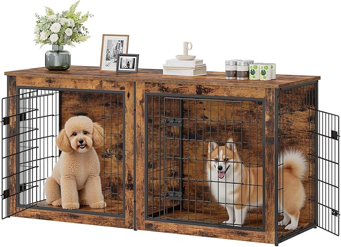 HOOBRO Dog Crate Furniture for 2 Dogs, 63" Large Double Dog Crate Furniture with Divider, Wooden Indoor Kennel TV Stand for Medium Large Dogs, Rustic Brown BF55GW03