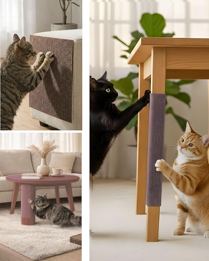 Corner & Wall Cat Scratch Mat, Self-Adhesive Trimmable Cat Scratcher, Wall Mounted Scratching Pad for Indoor Cats, Sofa Furniture Protector, Cat Post Cover Replacement (Brown, 23.6''x11.8'', 3-Pack)