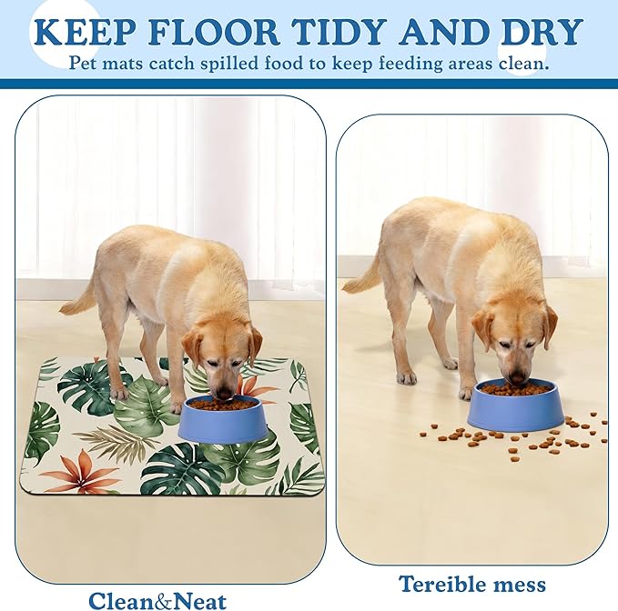 Boho Tropical Palm Pet Feeding Mat–Quick Dry Absorbent Dog Cat Food Mat, Non Slip Waterproof Bowl Placemat for Messy Eaters, Pet Accessories for Floors 12"x20"