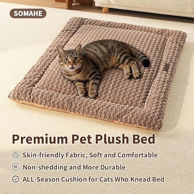 SOMAHE Cat & Dog Bed Mat, Soft Plush Flat Cat Bed with Non-Slip Bottom, 1.2" Thick All-Season Kneading Cushion, Machine Washable Pet Bed for Cats & Small Dogs 20×27Inch, Coffee