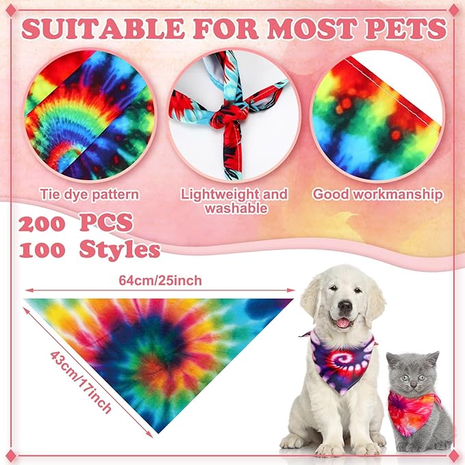 Huhumy 150 Pcs Tie Dye Dog Bandanas Bulk Pet Bibs Colorful Triangle Scarf Tie Dye Pet Bandanas for Medium Large Dogs Spring Summer Birthday Costume Decor