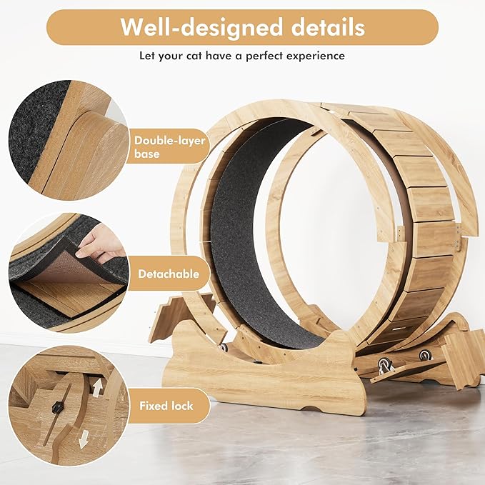 Cat Exercise Wheel, Cat Running Wheel with Smooth and Quiet Roller, Detachable Carpet and Toy Teaser for Fun Fitness Training Treadmill,Natural Wood