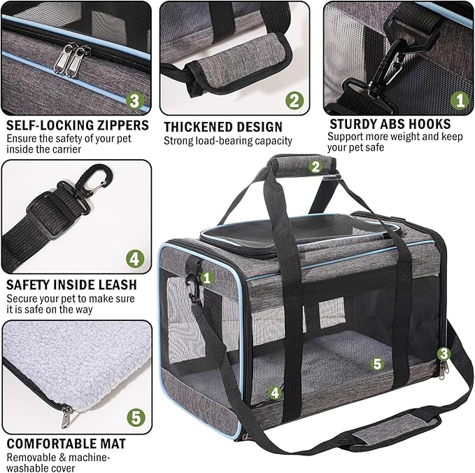 Vivicreate Cat Carrier Airline Approved Soft Sided Pet Carrier for Cats and Small Dogs Portable Travel Cat Bag with Mesh Ventilation Safety Leash and Shoulder Strap up to 15 lbs
