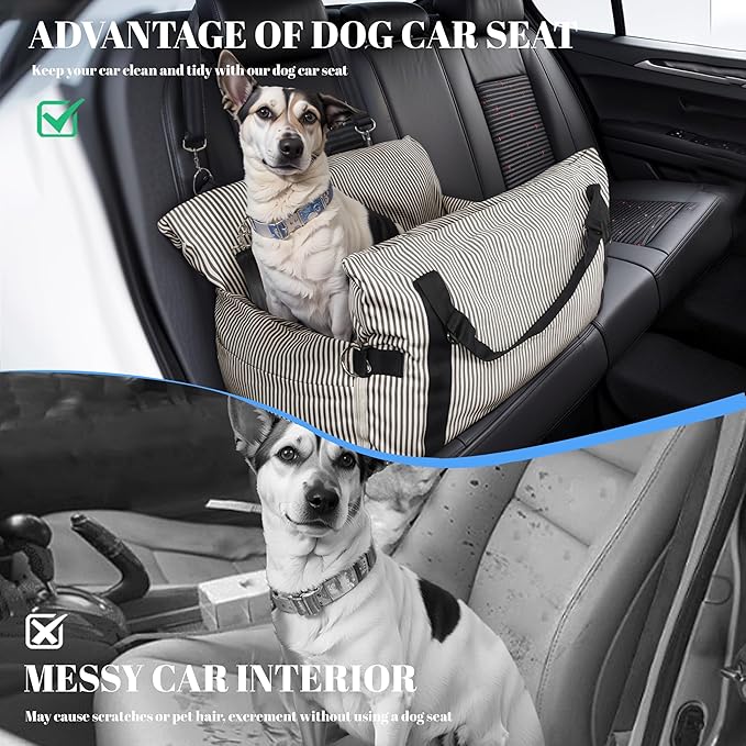 Versatile Dog Booster Car Seat Bed for Small Dogs Puppy Cats Pet Carrier with Side Pockets, Expandable Dog Bed Auto, Brown Stripes
