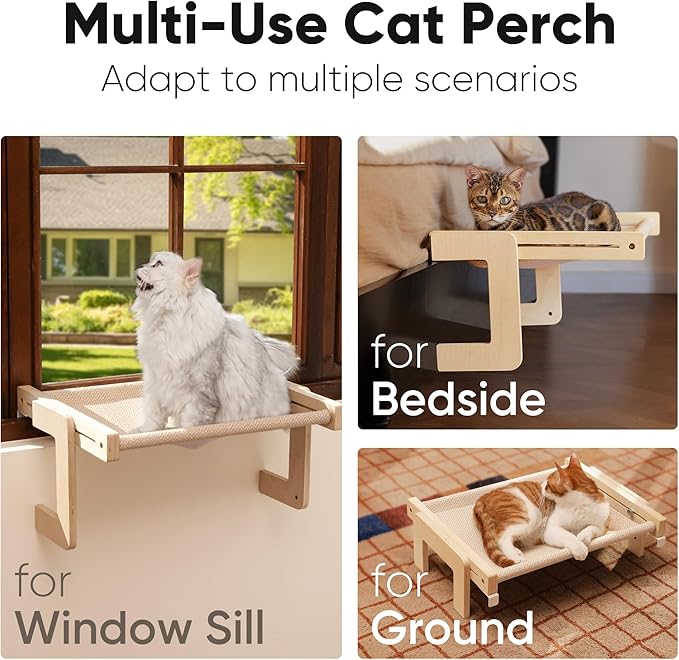 FUKUMARU 3-in-1 Cat Window Perch, Convertible Hammock for Windowsill, Bedside and Floor, Sturdy Cat Window Bed w/Washable Linen Fabric for Indoor Large Cats and Kitten, Reinforced Wood and Metal Frame