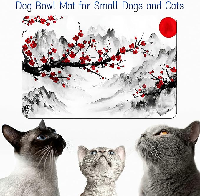 Dog Food Mat, 19.6" x 23.6" Absorbent Pet Feeding Mat for Food and Water, Waterproof Diatom Mud Pet Placemat with Non-Slip Rubber Backing, Cat Bowl Mat for Floors - Peach Blossom Tree Sunset