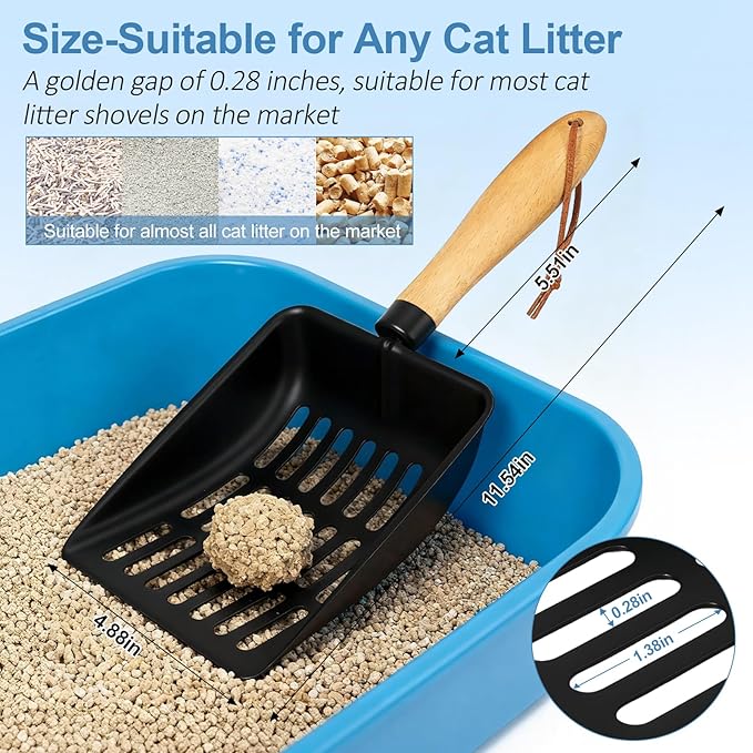 Cat Litter Scoop, Metal Litter Scoop, Heavy Duty Metal Cat Scooper for Litter Box, Black Sifter Scoop for Pellets, Wooden Handle Scoop with Hole, Kitty Necessity (Cat Litter Scoop Short)